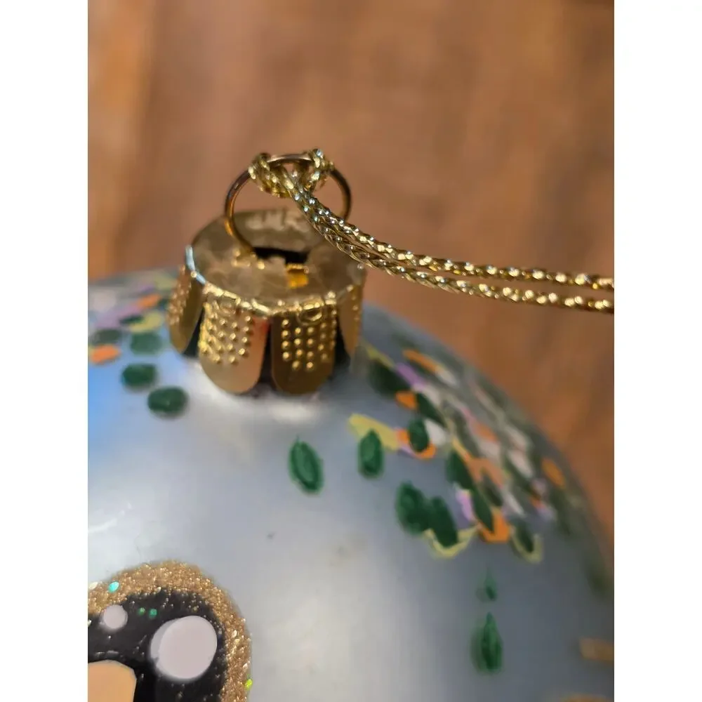 VTG Joan Rivers Blown Glass Monarch Butterfly Hand-Painted Blue Floral Ornament